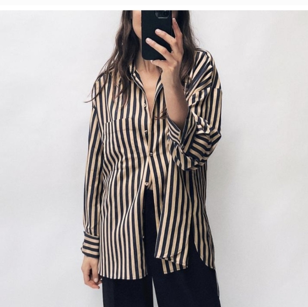 Zara Oversized Boyfriend Striped Navy and Tan Button Down Shirt
